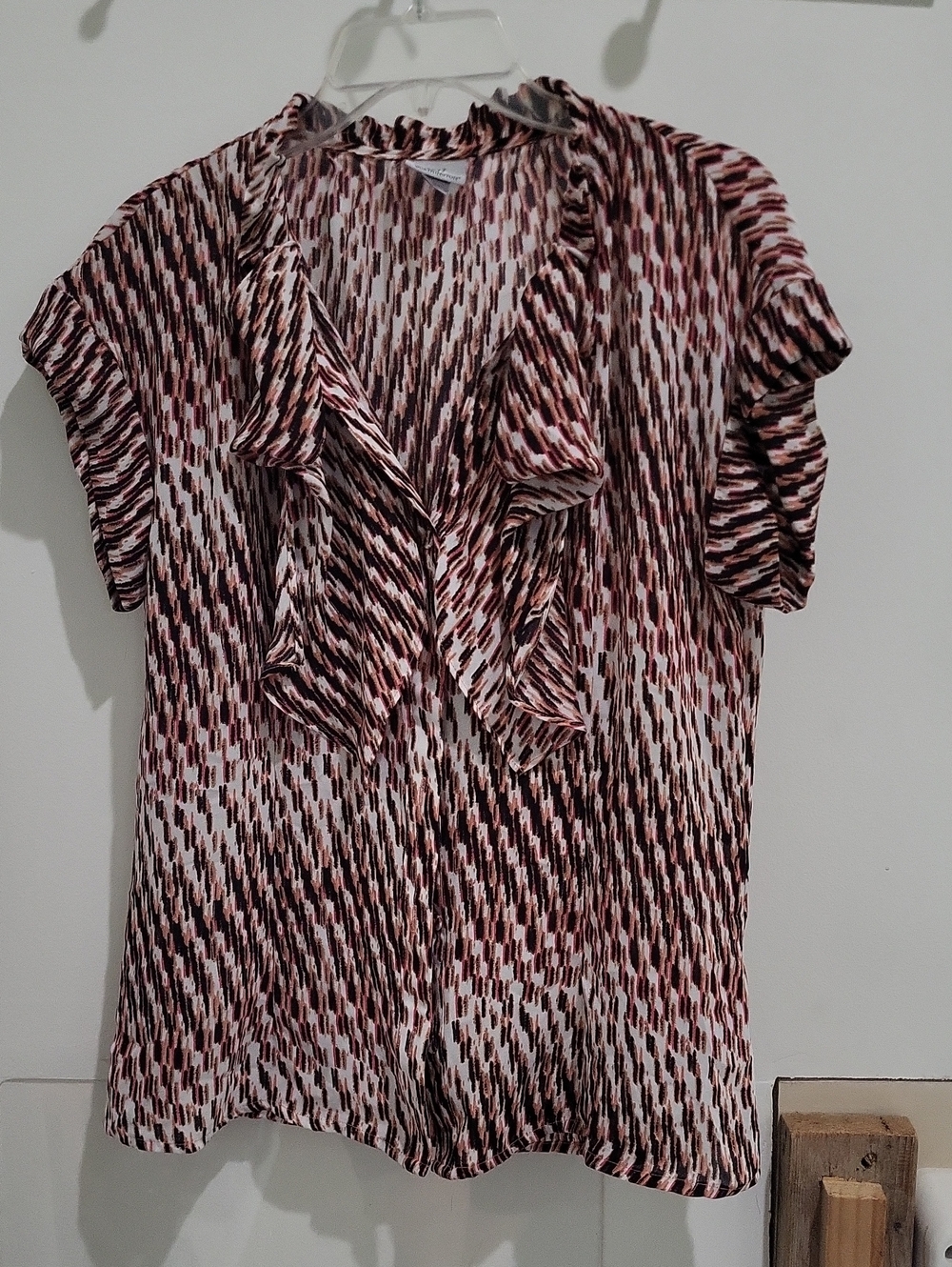 Worthington Pink and Black Patterned Ruffle V-Neck Blouse